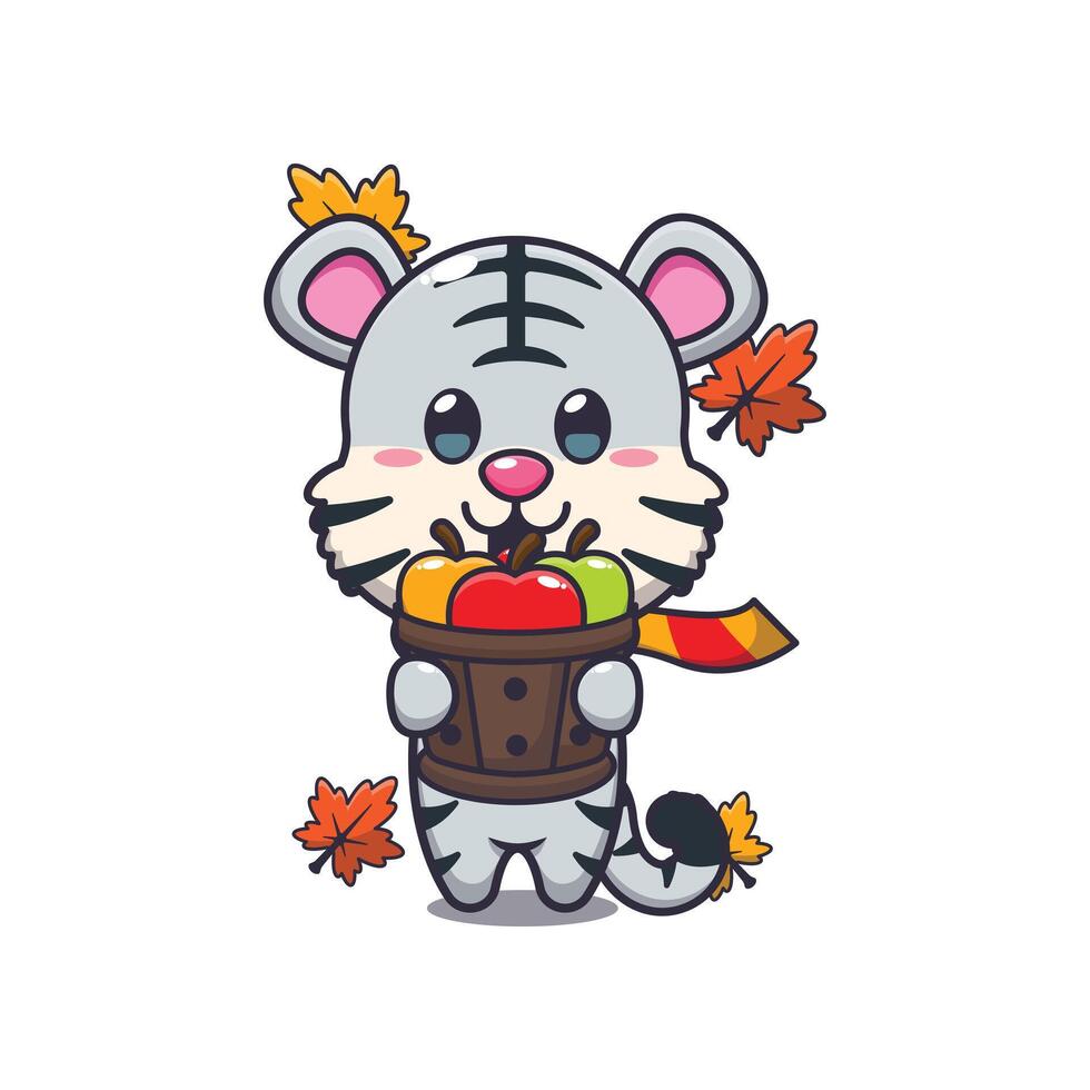 mignonne blanc tigre en portant une Pomme dans bois seau. mascotte dessin animé illustration adapté pour affiche, brochure, la toile, mascotte, autocollant, logo et icône. vecteur