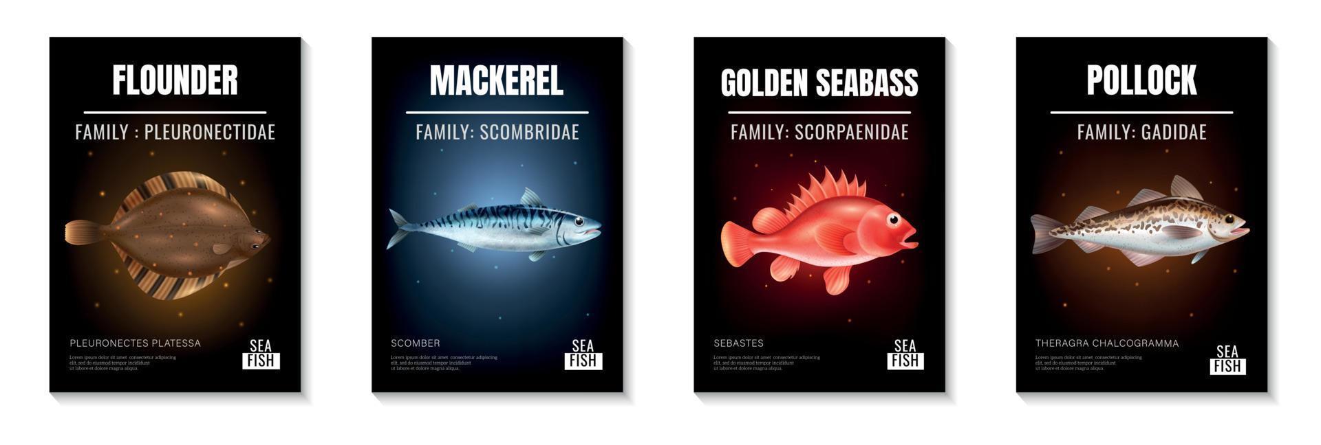 ensemble d'affiches réalistes de poisson de mer vecteur