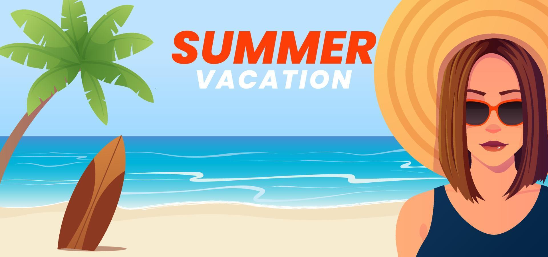 femme sur une plage portant des lunettes de soleil et un chapeau, océan avec palmier et planche de surf, carte de vacances d'été. vecteur