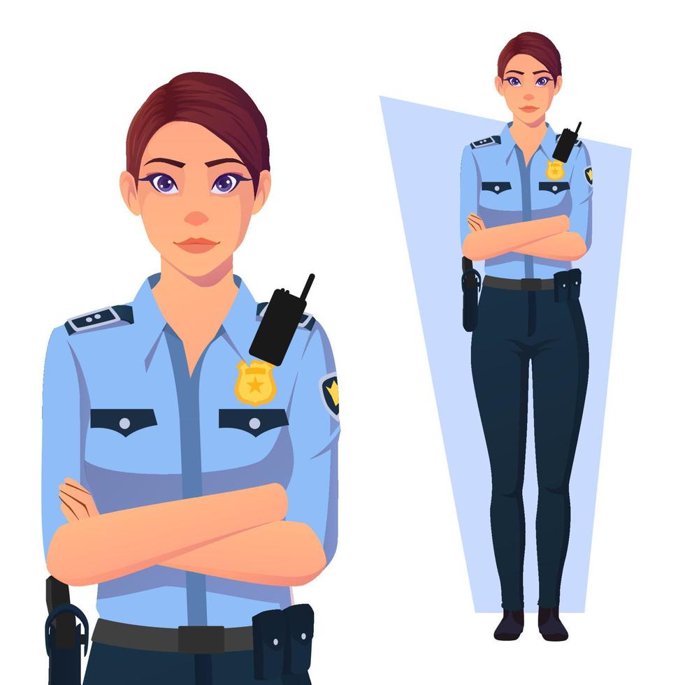 policière avec les bras croisés, vêtue d'un vecteur premium uniforme bleu