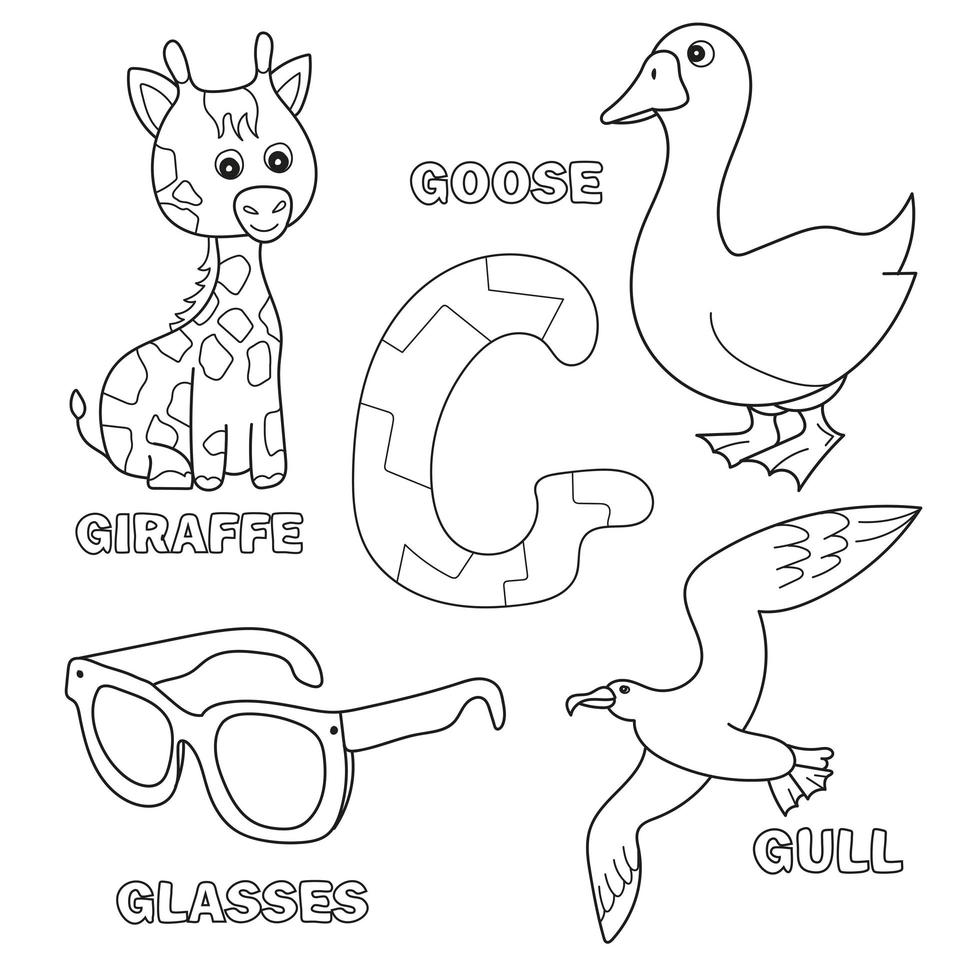 girafe mignonne, oie, lunettes, mouette pour la lettre g dans l'alphabet des enfants vecteur