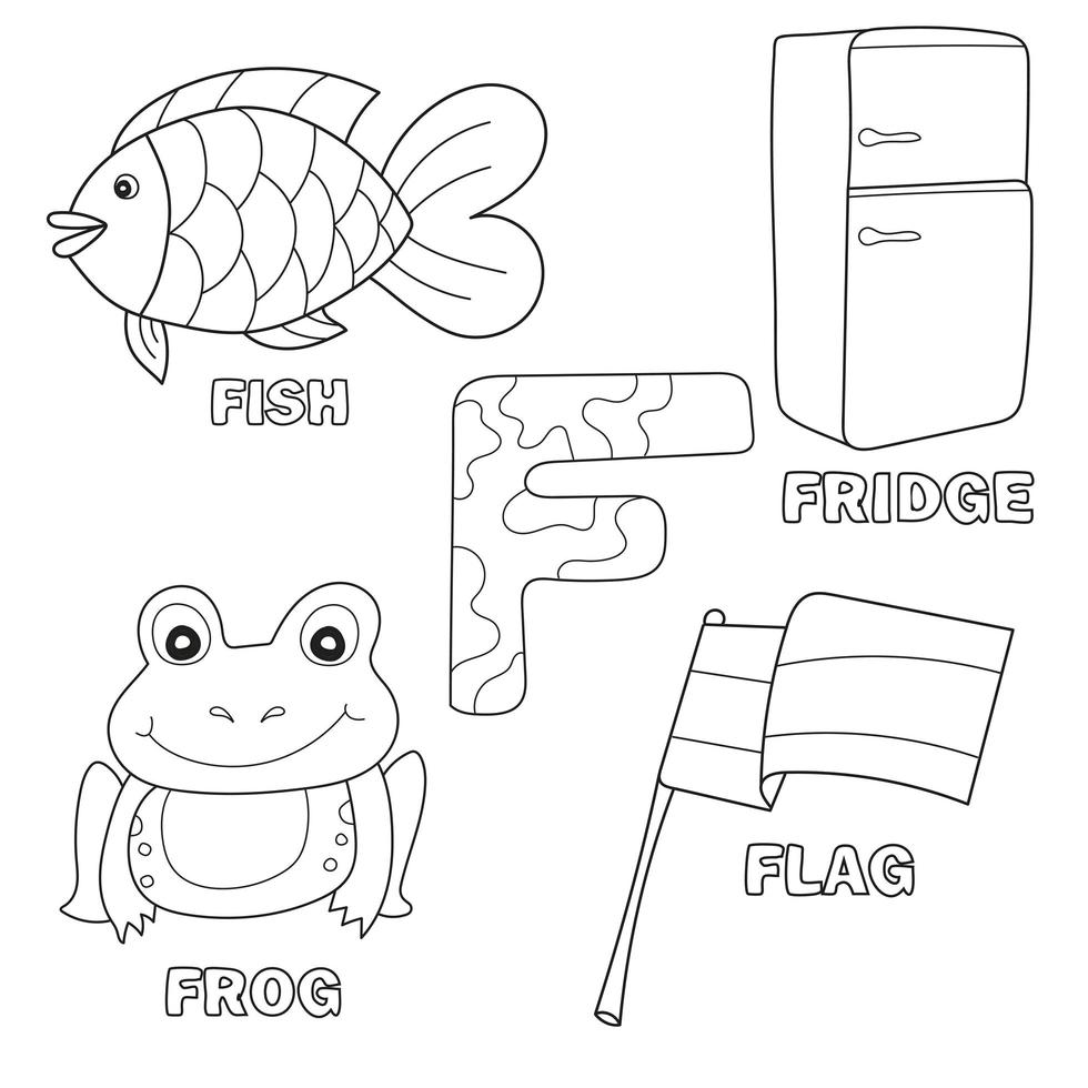 alphabet f avec vocabulaire de dessin animé pour illustration de livre de coloriage, vecteur