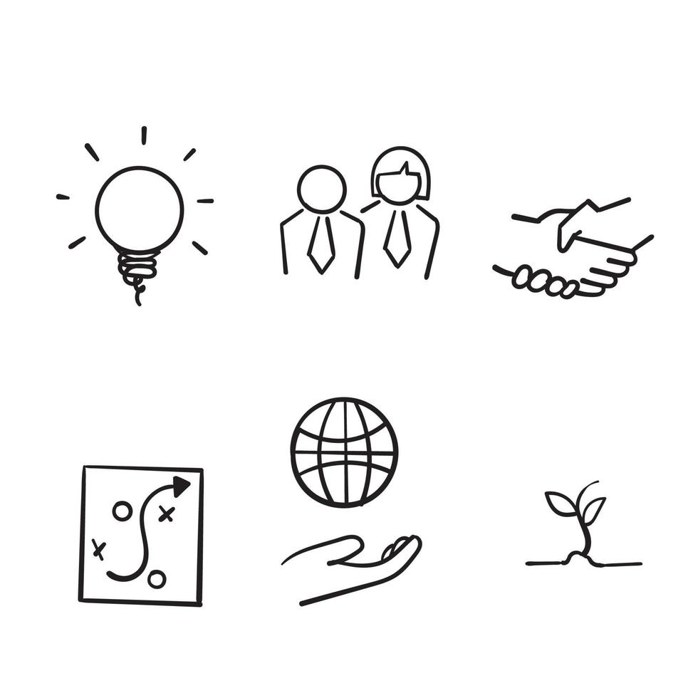 illustration de symbole de valeurs fondamentales dessinées à la main. mission de doodle, jeu d'icônes de valeur d'intégrité avec vision, honnêteté, jeu d'icônes de passion. vecteur