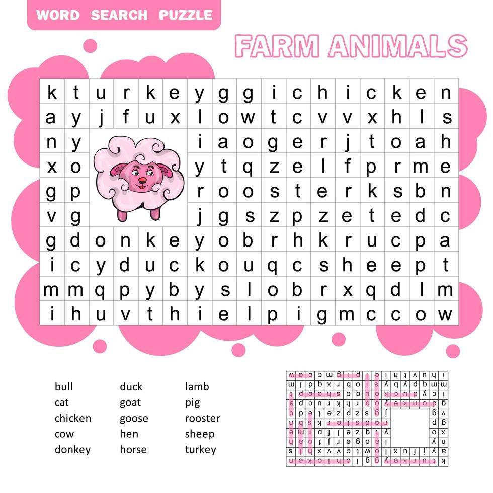 jeu pour enfants sur les animaux de la ferme et les animaux domestiques. puzzle de recherche de mots vecteur