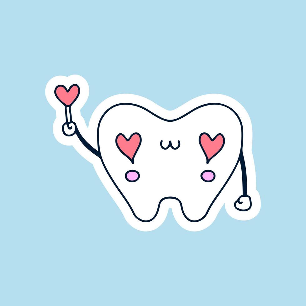 mascotte de dents mignonnes avec des yeux d'amour tenant une illustration de symbole de coeur. graphiques vectoriels pour les impressions d'autocollants et d'autres utilisations. vecteur