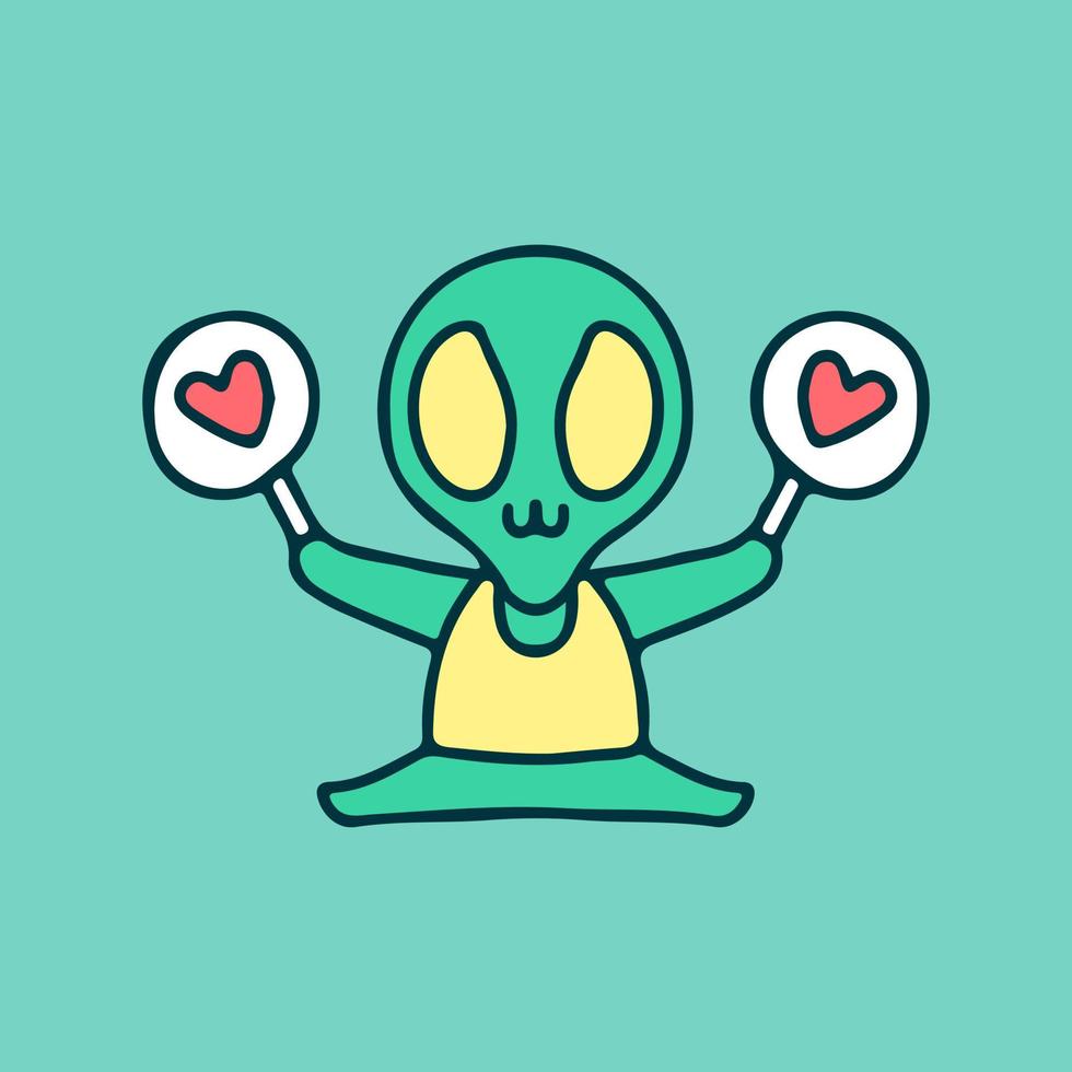 Alien drôle tenant une illustration de signe d'amour. graphiques vectoriels pour les imprimés de t-shirts et autres utilisations. vecteur