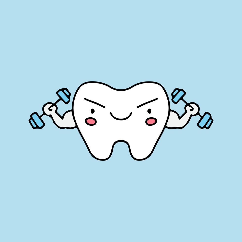 mascotte de dents avec du muscle et tenant une illustration d'haltères. graphiques vectoriels pour les impressions d'autocollants et d'autres utilisations. vecteur