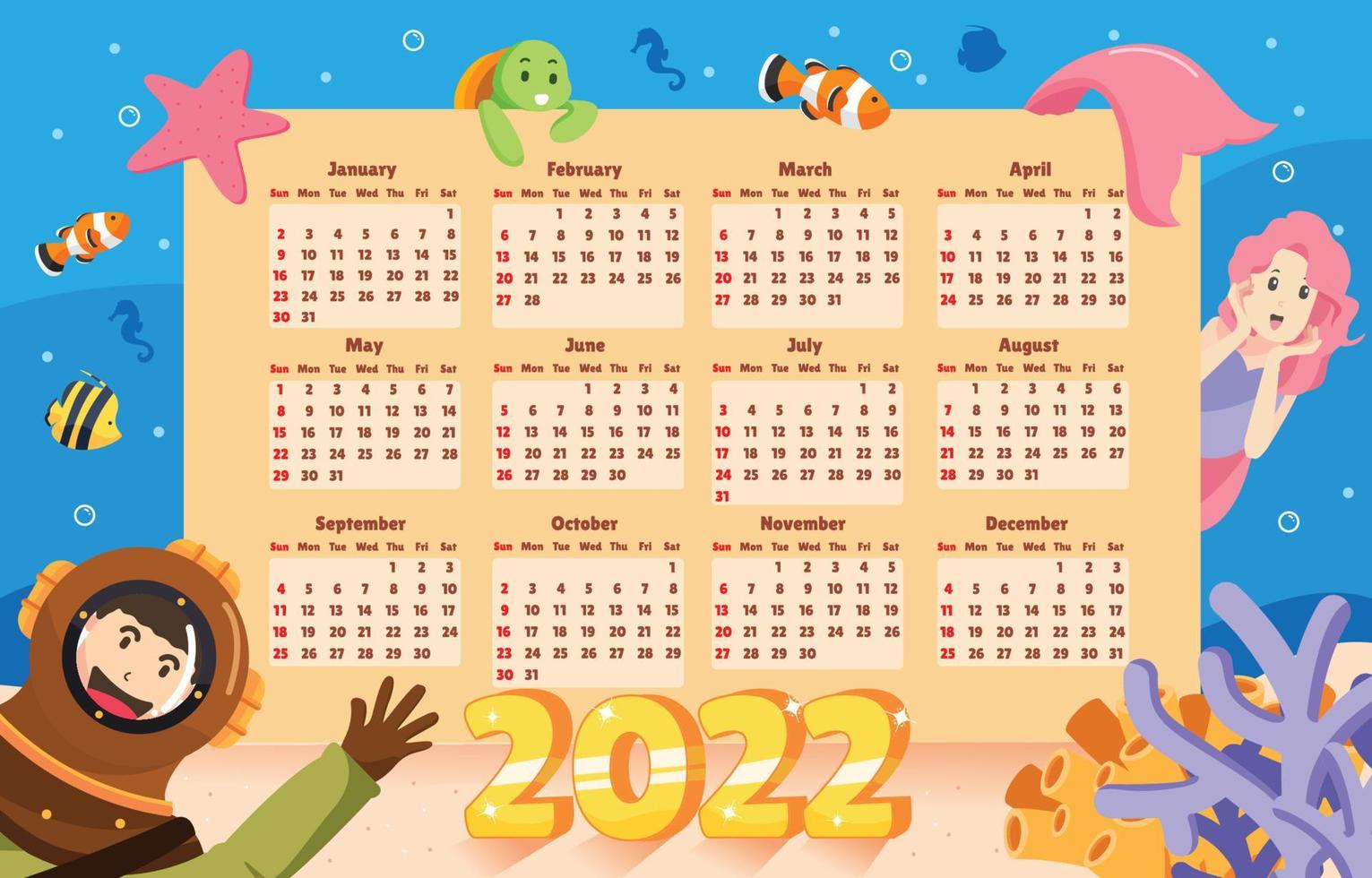 calendrier sous-marin 2022 vecteur