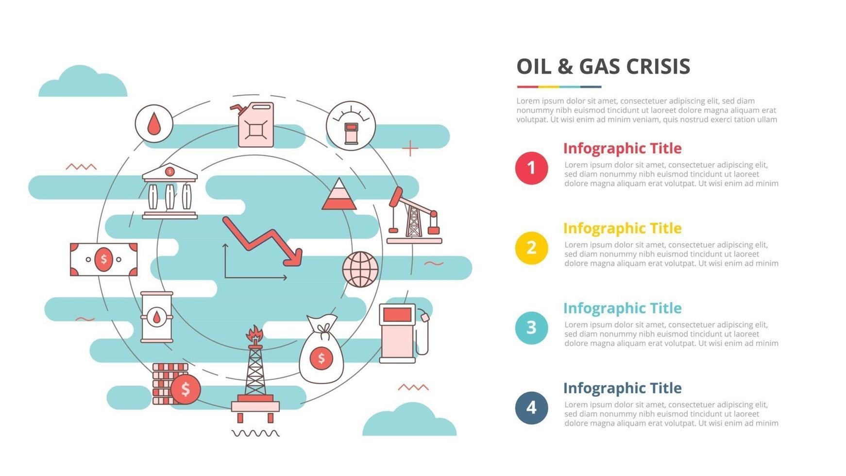 concept de crise de l'industrie pétrolière et gazière pour la bannière de modèle d'infographie avec des informations de liste en quatre points vecteur