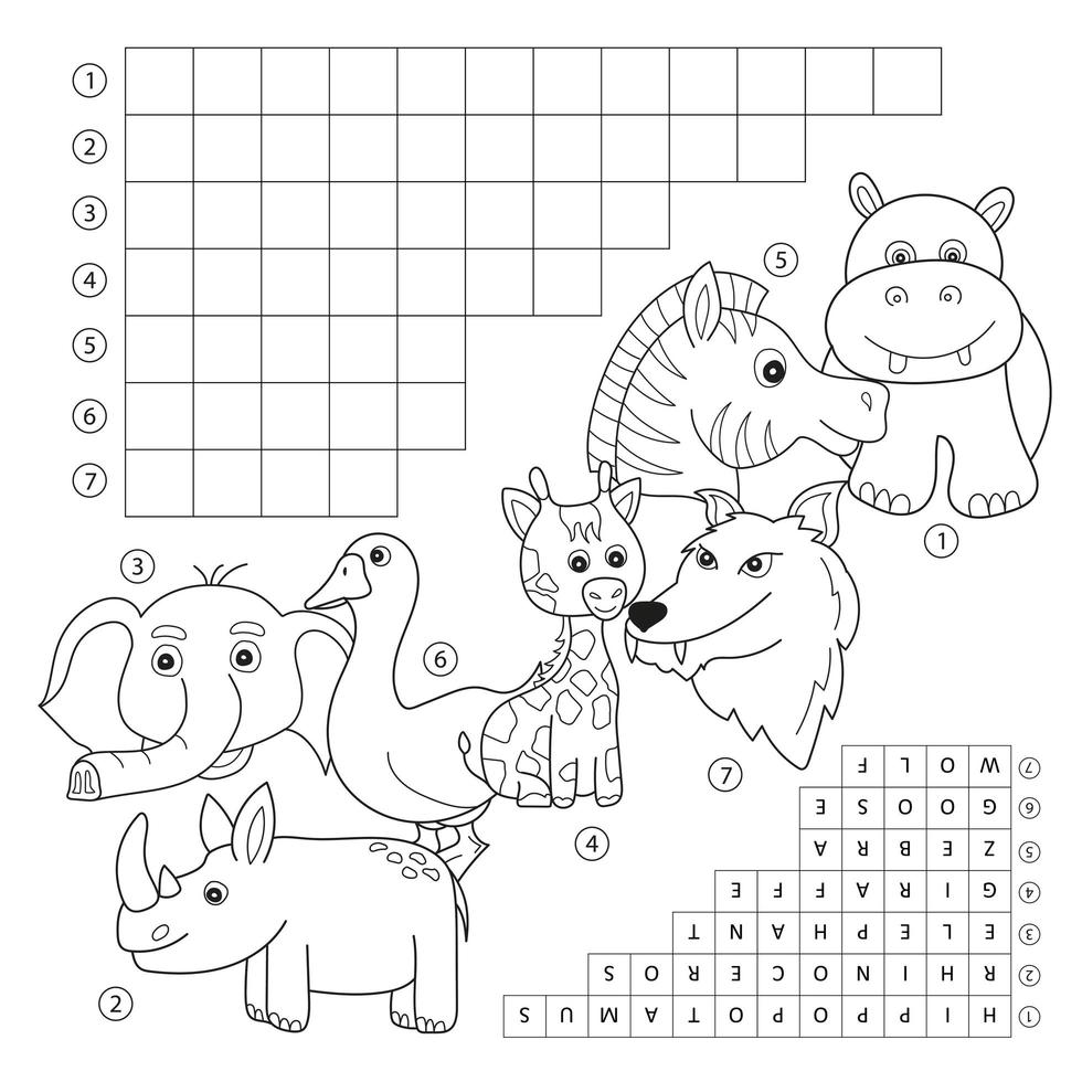 page de livre de coloriage de mots croisés, jeu éducatif pour les enfants sur les animaux vecteur