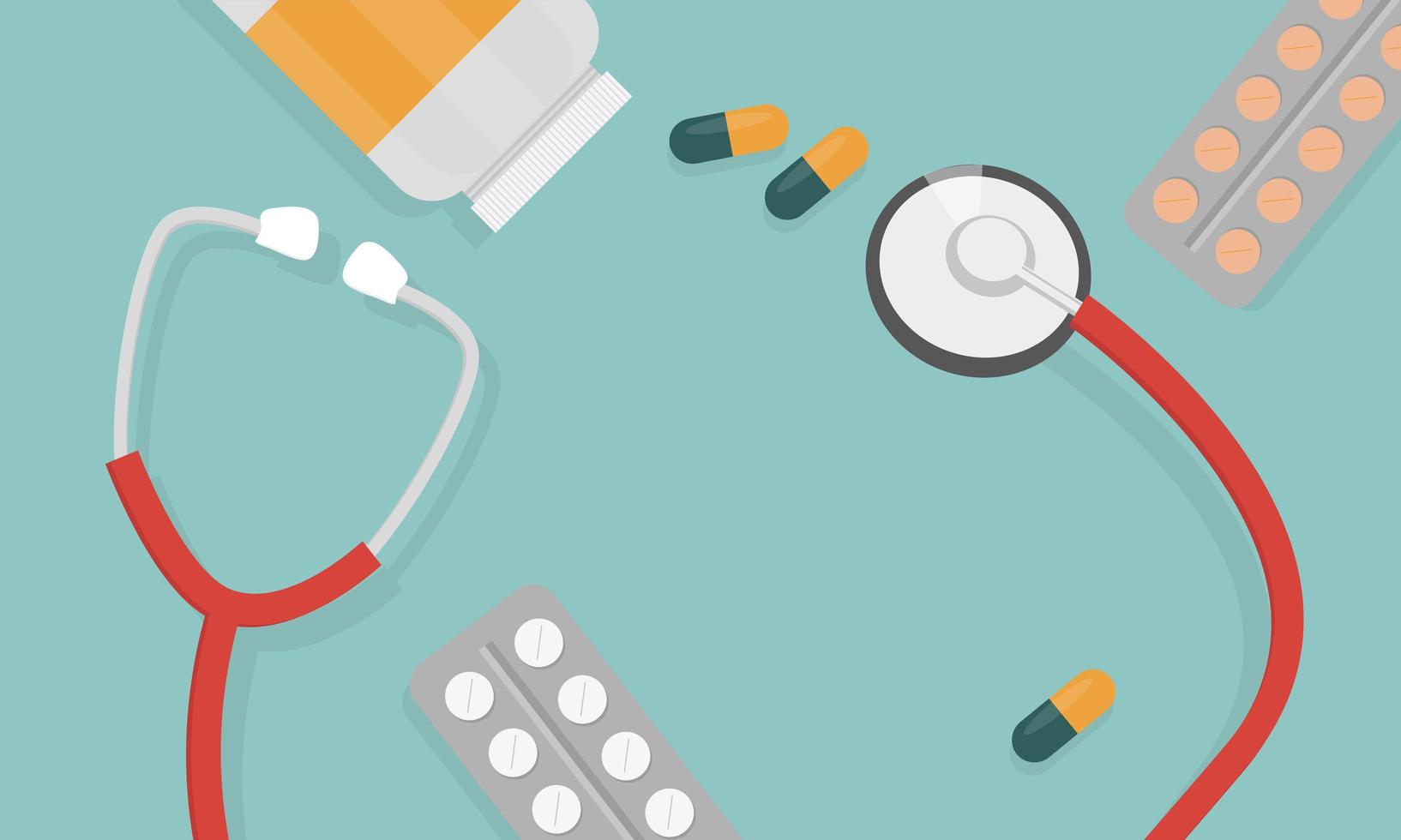 vue de dessus du lieu de travail du médecin. stéthoscope médical et pilules dans un style plat vecteur