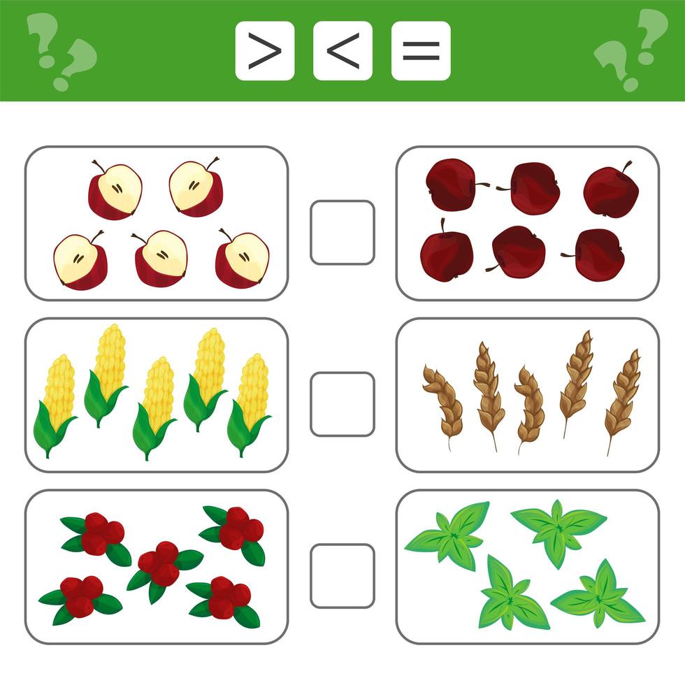 apprendre les mathématiques, les nombres - choisissez plus, moins ou égal. tâches pour les enfants vecteur