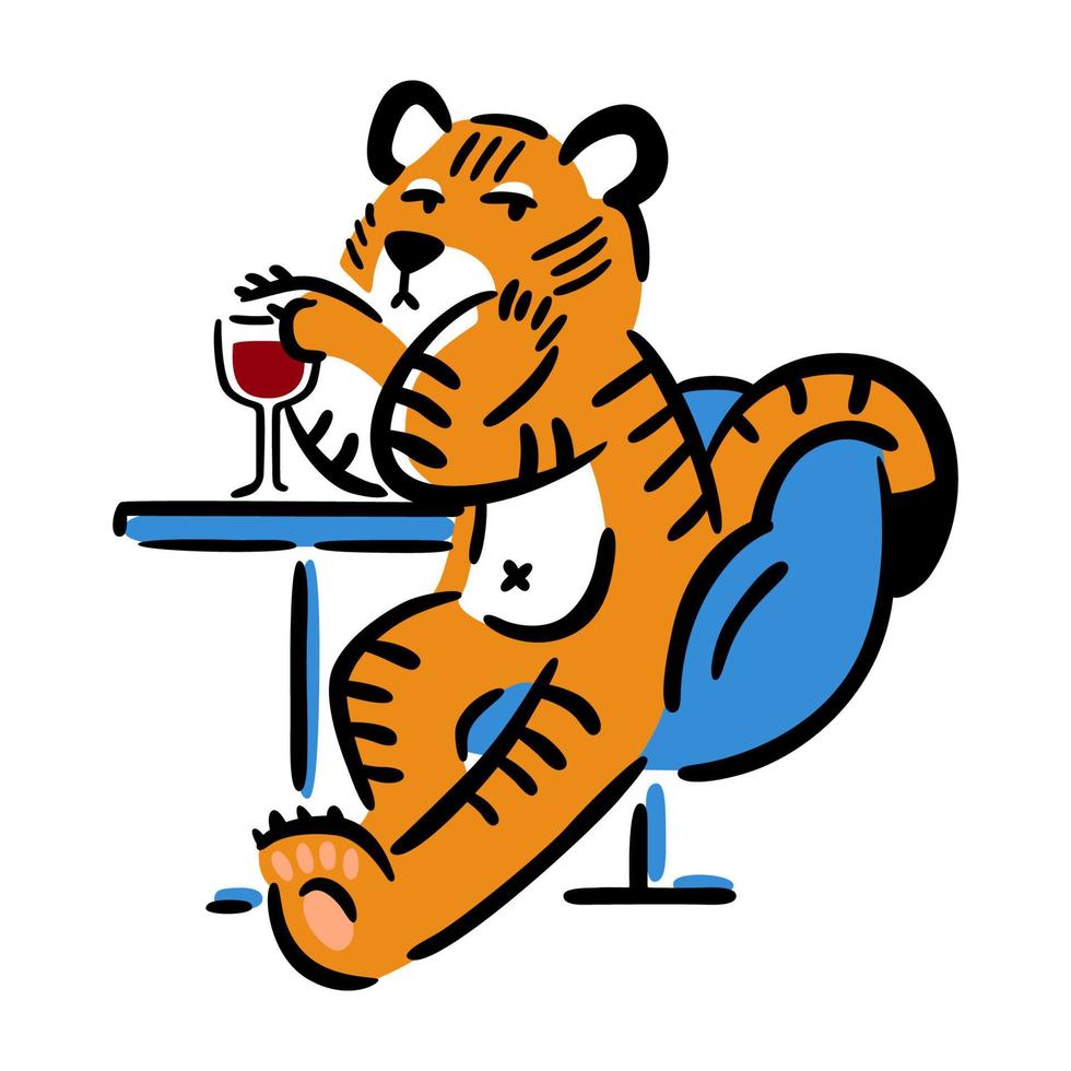 tigre assis sur une chaise avec un verre de vin. animal du zodiaque chinois. symbole de la nouvelle année 2022, 2034. illustration vectorielle isolée sur fond blanc. art abstrait. impression de conception. vecteur