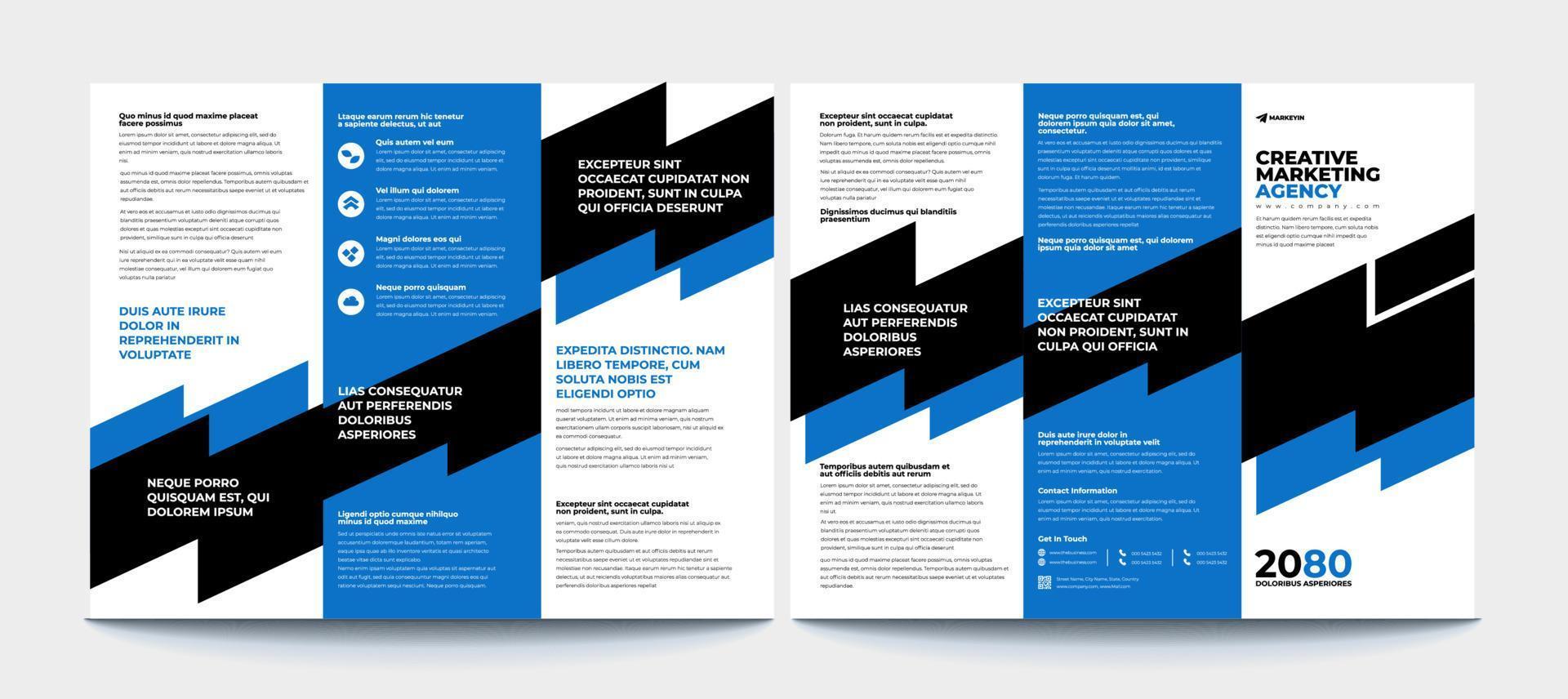 modèle de brochure à trois volets d'entreprise. conception de vecteur de brochure à trois volets moderne, créatif et professionnel. mise en page de promotion simple et minimaliste avec la couleur bleue.