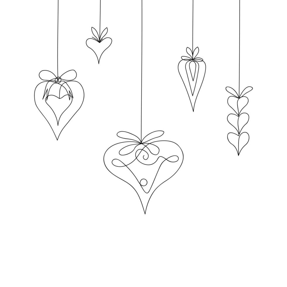 collection de coeurs décoratifs suspendus dessinés par une ligne. croquis de vacances. dessin en continu art romantique. pour noël, saint valentin, mariage. illustration vectorielle simple. vecteur