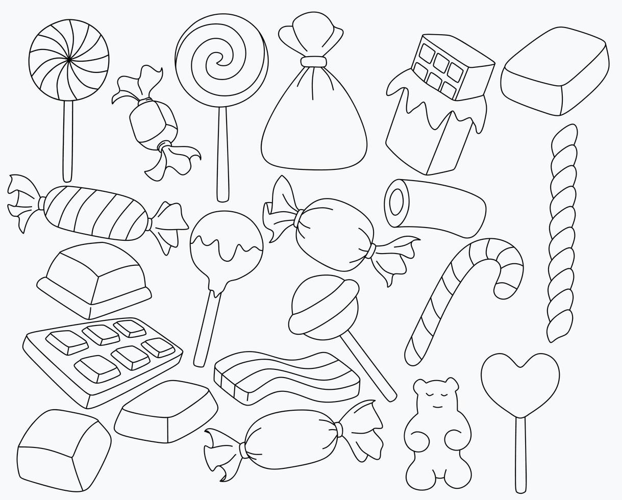 énorme ensemble de bonbons et de bonbons sous forme de doodle de dessin animé. vecteur