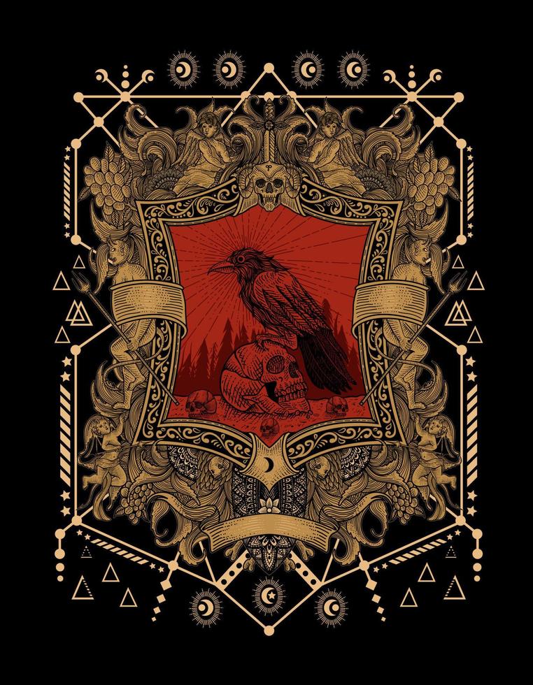 Vector illustration oiseau corbeau gothique avec crâne sur ornement de gravure vintage