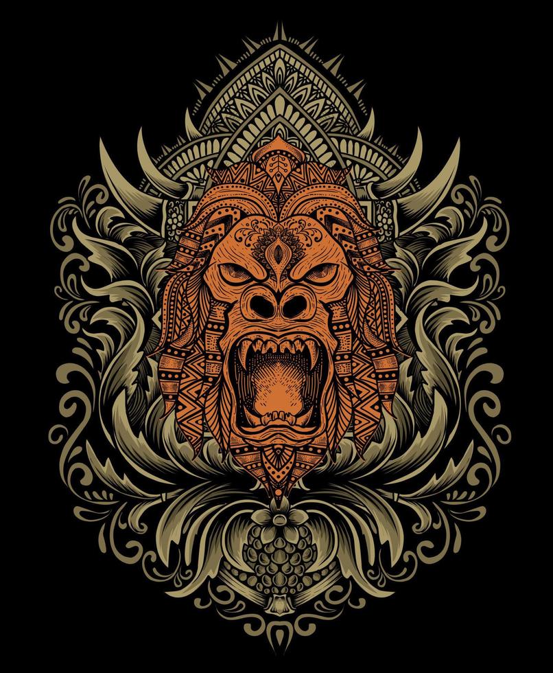 tête de mandala de gorille illustration vectorielle avec ornement de gravure vecteur