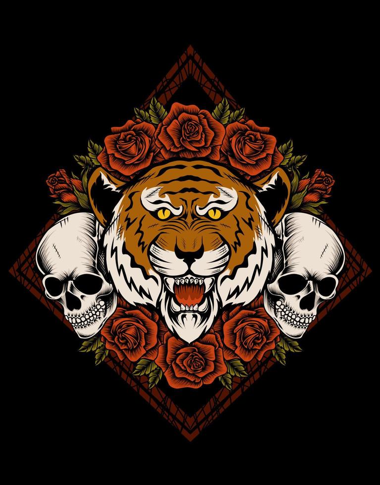 tête de tigre vintage illustration vectorielle avec crâne et fleur rose vecteur