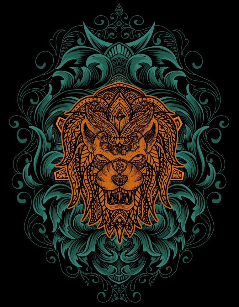 tête de lion illustration vectorielle avec ornement de mandala vintage vecteur