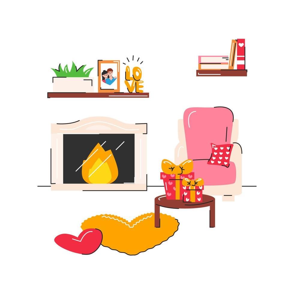 saint valentin intérieur mignon et confortable avec cheminée isolée. endroit romantique avec des cadeaux et des objets en forme de coeur. fête à la maison. objets liés à la maison, fauteuil, étagère. illustration de plat de vecteur