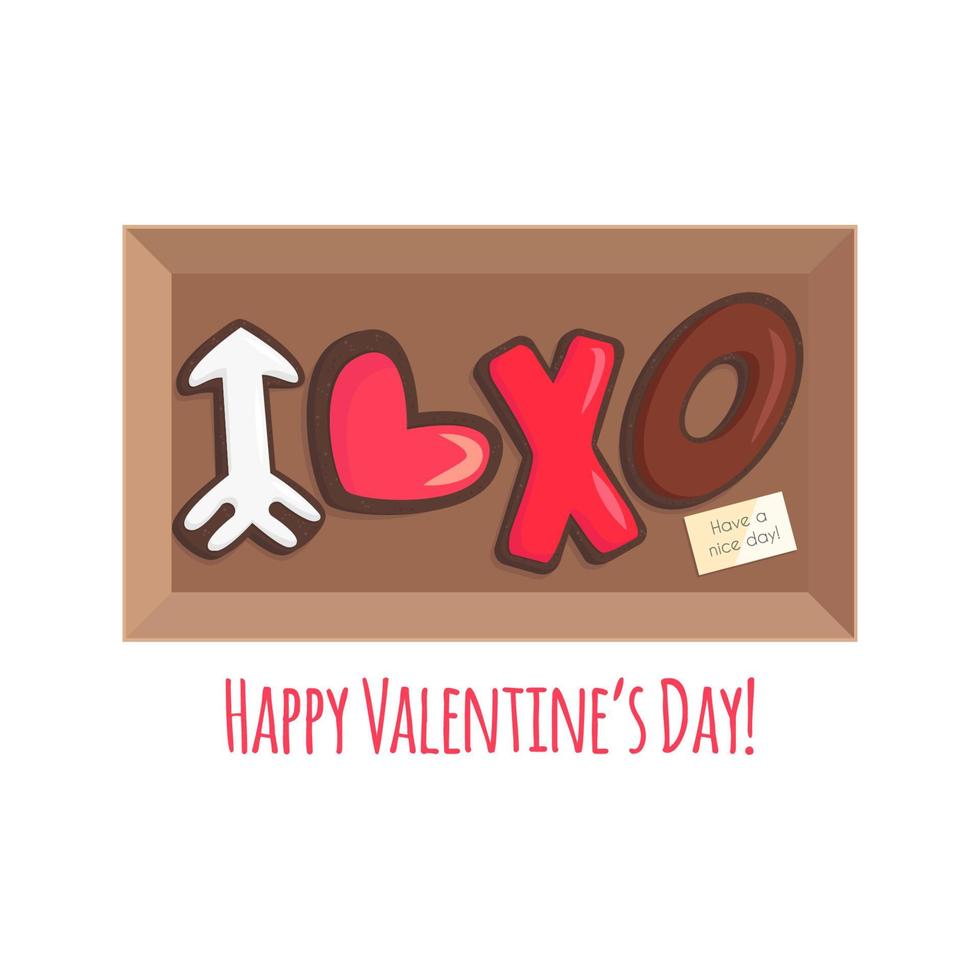 illustration vectorielle de boîte avec des biscuits au chocolat pour la saint valentin. sablés bruns en forme de coeur, de flèche et de xo dans un style plat de dessin animé. utilisable pour carte de voeux, flyer, invitation vecteur