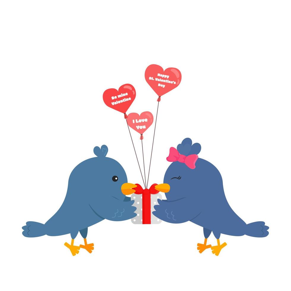 illustration vectorielle d'oiseaux avec cadeau, ballons isolés sur fond blanc. dessin d'oiseaux d'amour dans un style plat de dessin animé. conception de concept avec des colombes ou des tourtereaux pour carte de voeux pour la saint-valentin vecteur