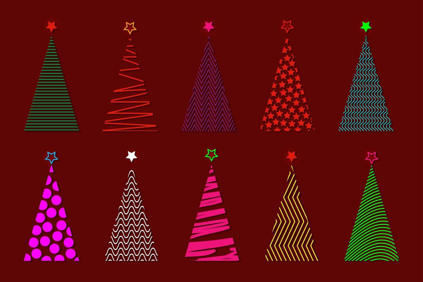 ensemble d'arbre de Noël stylisé vectoriel coloré, icône de logo de mode festive, arbre géométrique en relief dans des couleurs néon vibrantes, isolé sur fond rouge
