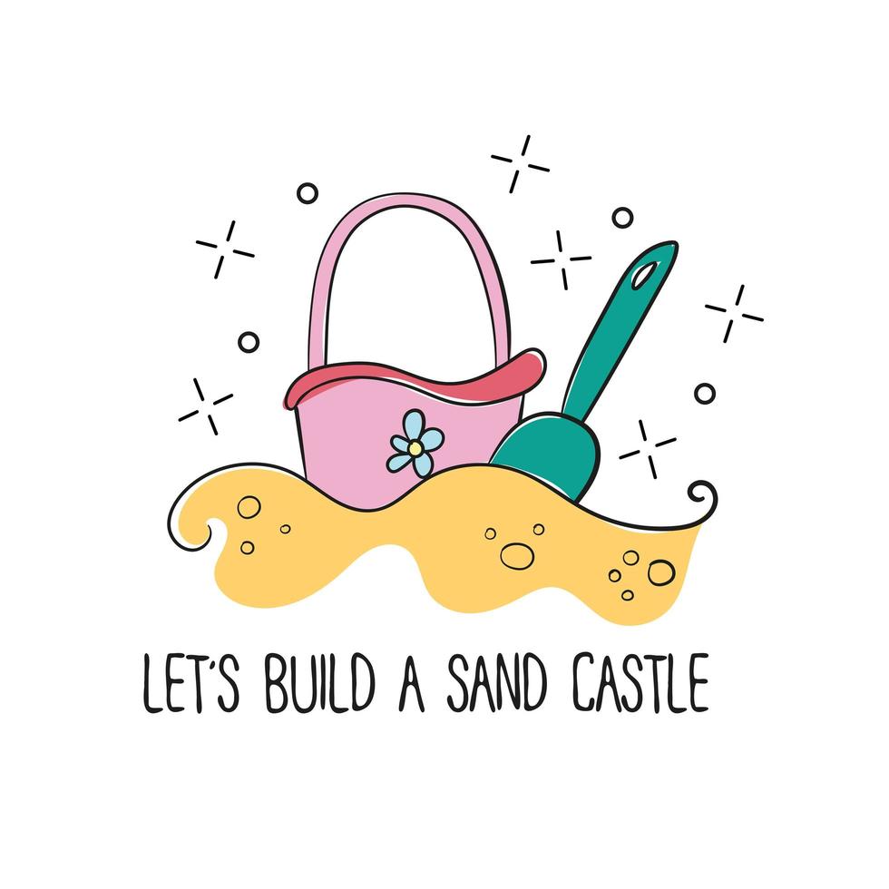 Seau et pelle de château de sable de plage pour enfants de style doodle au format vectoriel