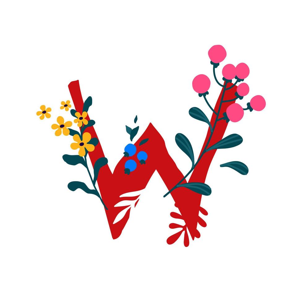 lettre latine w dans les fleurs et les plantes. vecteur. lettre en éléments décoratifs. logo d'entreprise. affiche ou monogramme. vecteur