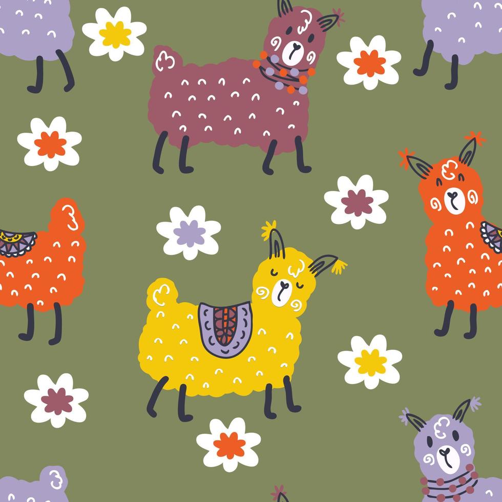 modèle sans couture dessiné à la main de lamas et de fleurs. vecteur