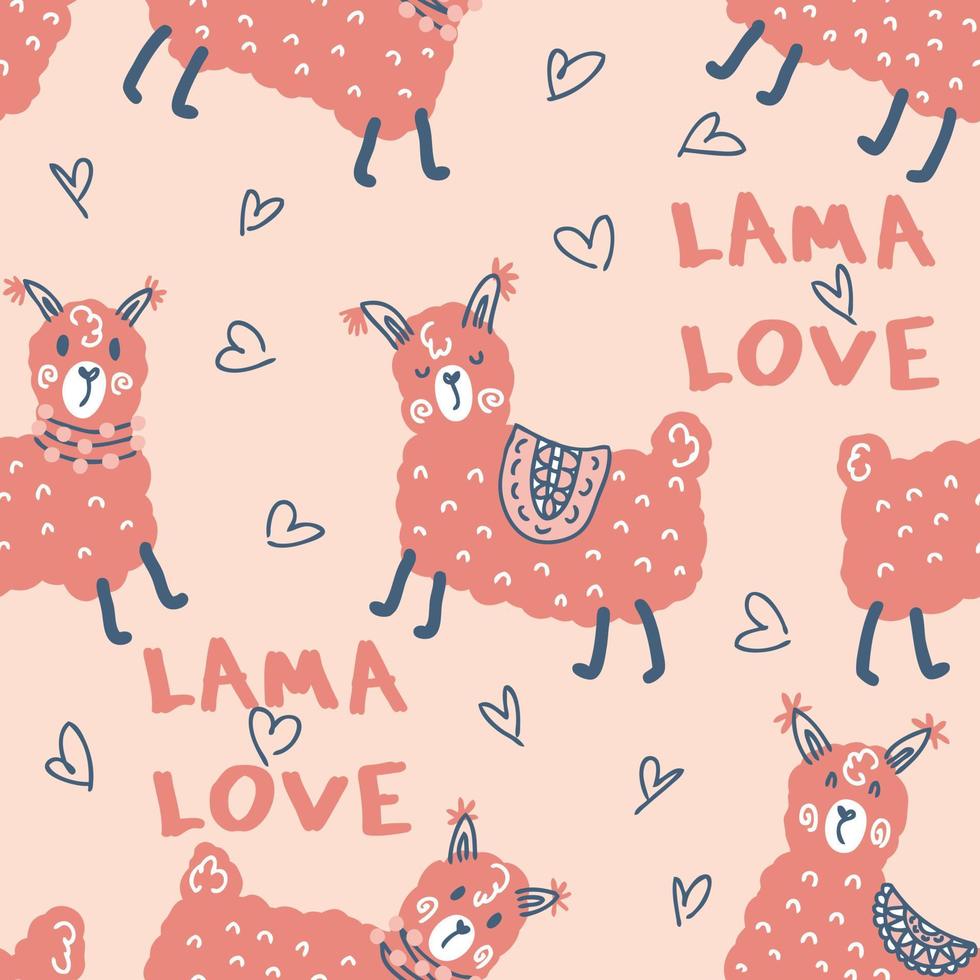 modèle sans couture romantique avec des lamas, des coeurs et de l'amour de lama de texte. vecteur