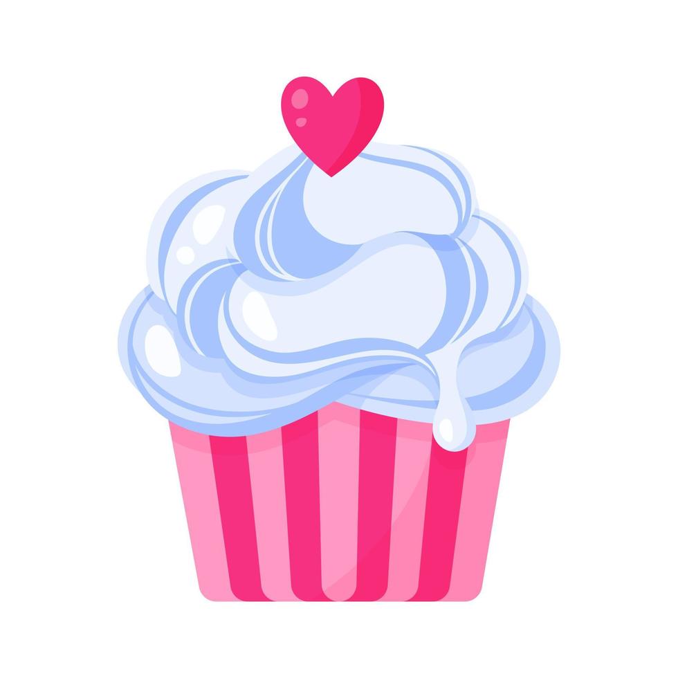 cupcake ou muffin avec crème bleue et coeur. vecteur
