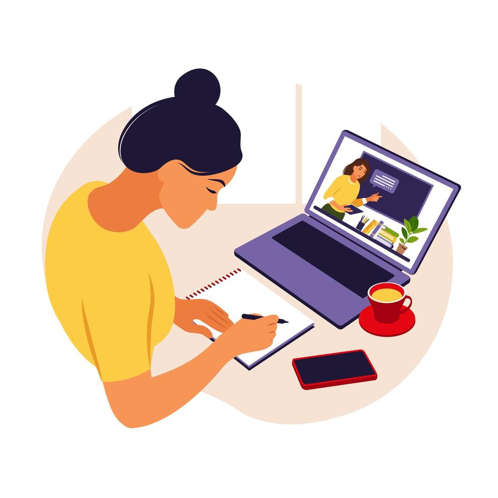 fille étudie à l'ordinateur. concept d'apprentissage en ligne. leçon vidéo. étude à distance. peut utiliser pour la bannière Web, les infographies, les images de héros. illustration vectorielle. style plat. vecteur