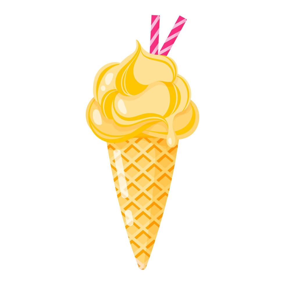 cornet de crème glacée jaune ou sundae avec des tubules sucrés. vecteur