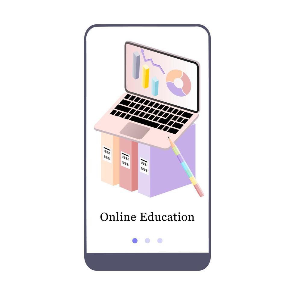 éducation en ligne, apprentissage en ligne, écran d'intégration de l'application mobile de l'école en ligne. modèle de bannière de vecteur de menu pour l'interface ux, développement mobile d'écran ui gui. conception de site Web 3d illustration plat isométrique.