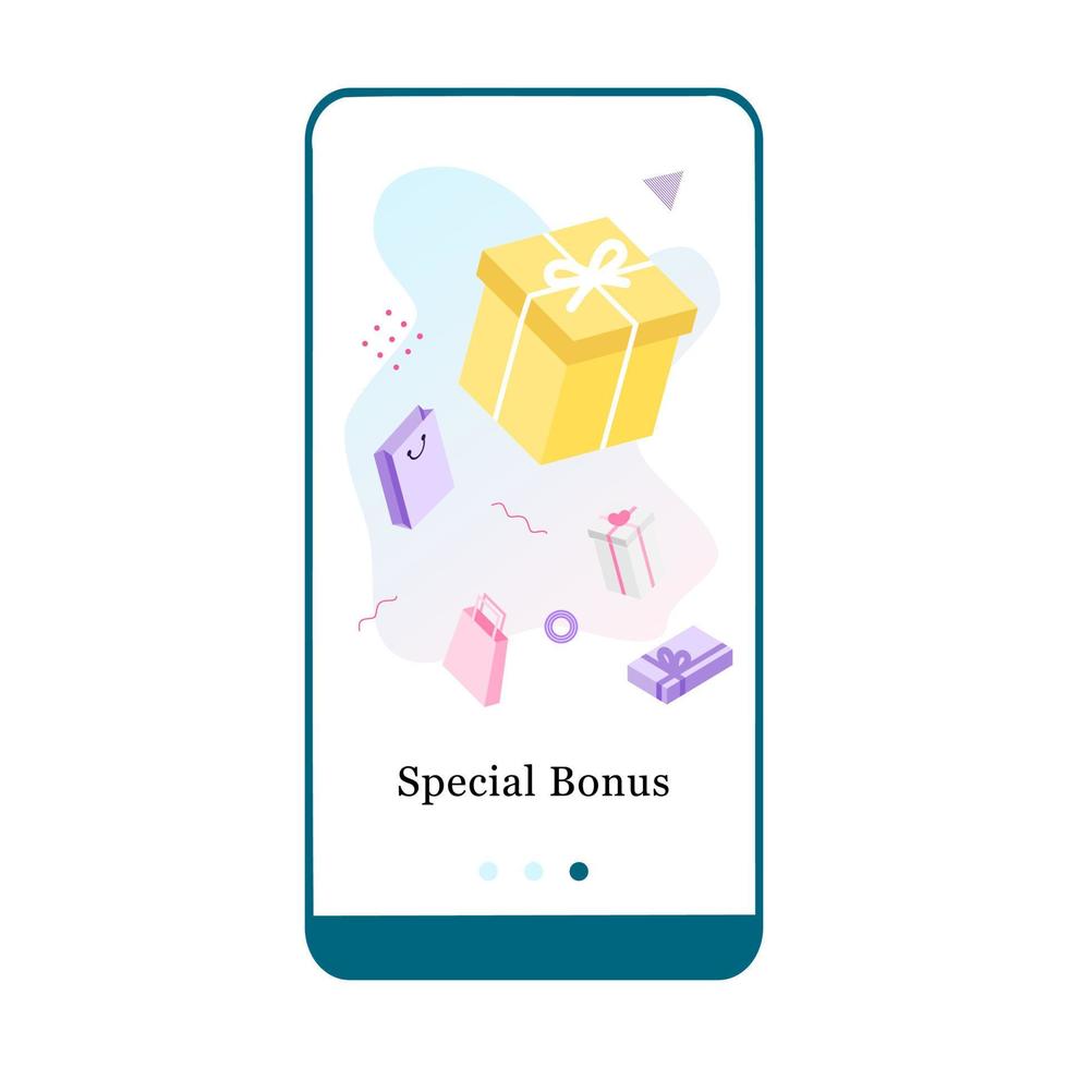 illustration vectorielle de grande vente, cadeaux spéciaux et meilleure remise sur l'écran de l'application d'intégration et le concept Web. interface moderne à bord ux, modèle d'écran ui gui pour téléphone intelligent ou bannière de site Web. vecteur