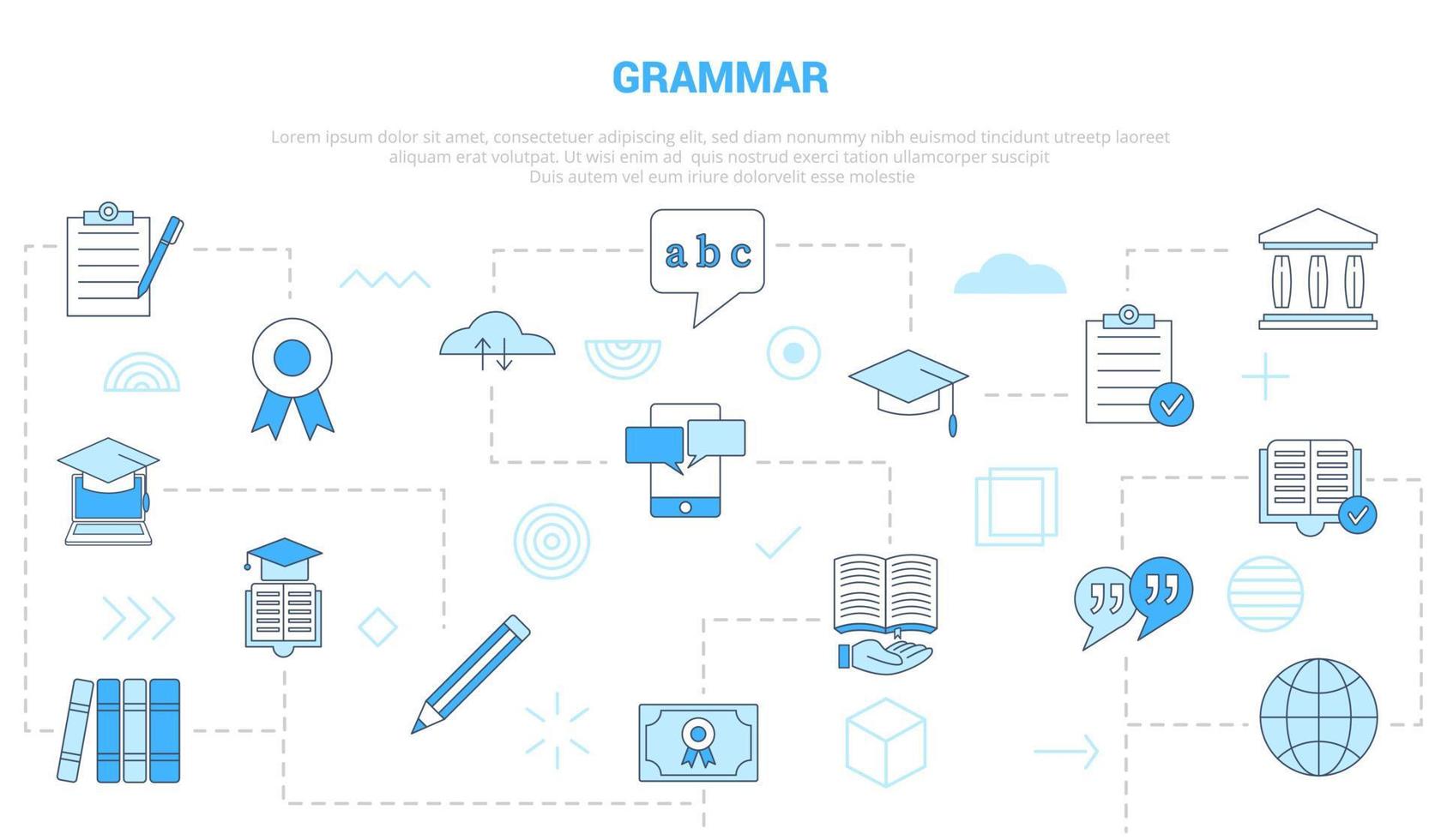 concept de grammaire avec bannière de modèle de jeu d'icônes avec style de couleur bleu moderne vecteur