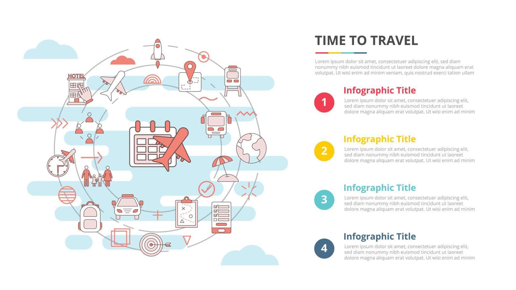 concept de temps pour voyager pour la bannière de modèle d'infographie avec des informations de liste à quatre points vecteur