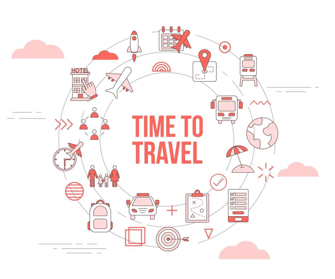 concept de temps de voyage avec bannière de modèle de jeu d'icônes et forme ronde de cercle vecteur