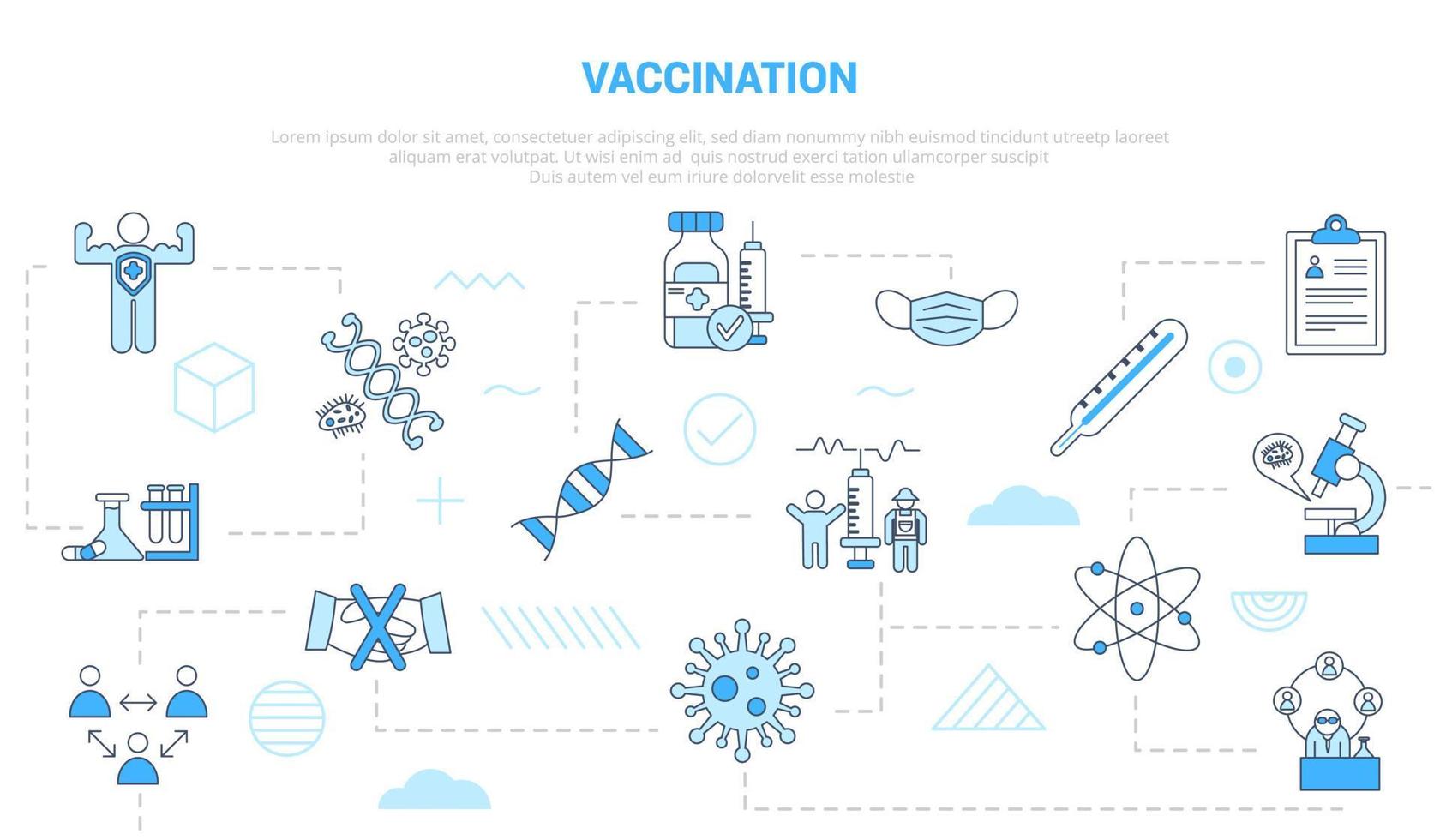 concept de vaccination avec bannière de modèle de jeu d'icônes avec style de couleur bleu moderne vecteur