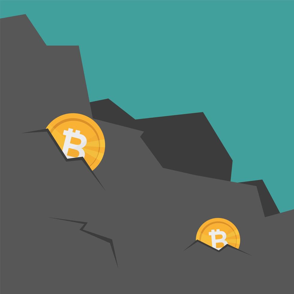extraction de bitcoin dans la roche. extraction crypto-monnaie. argent virtuel - dessin animé plat vecteur