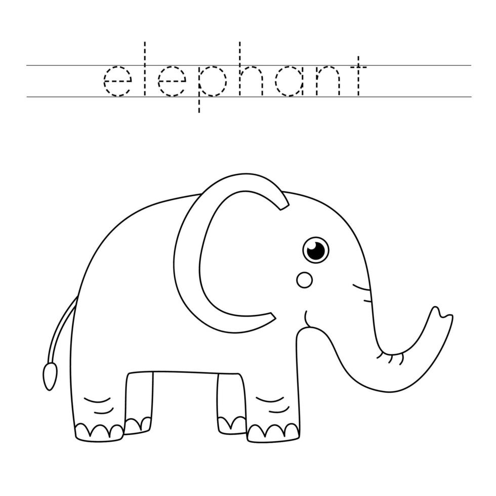 mot de trace et éléphant de dessin animé mignon de couleur. vecteur