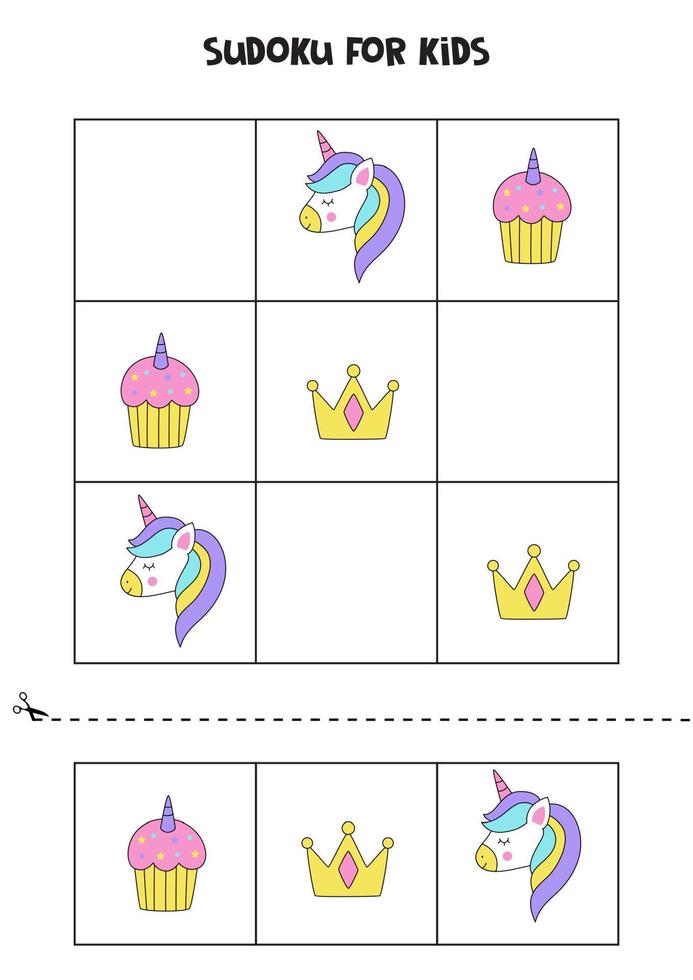 jeu de sudoku avec des éléments de licorne pour les filles. vecteur