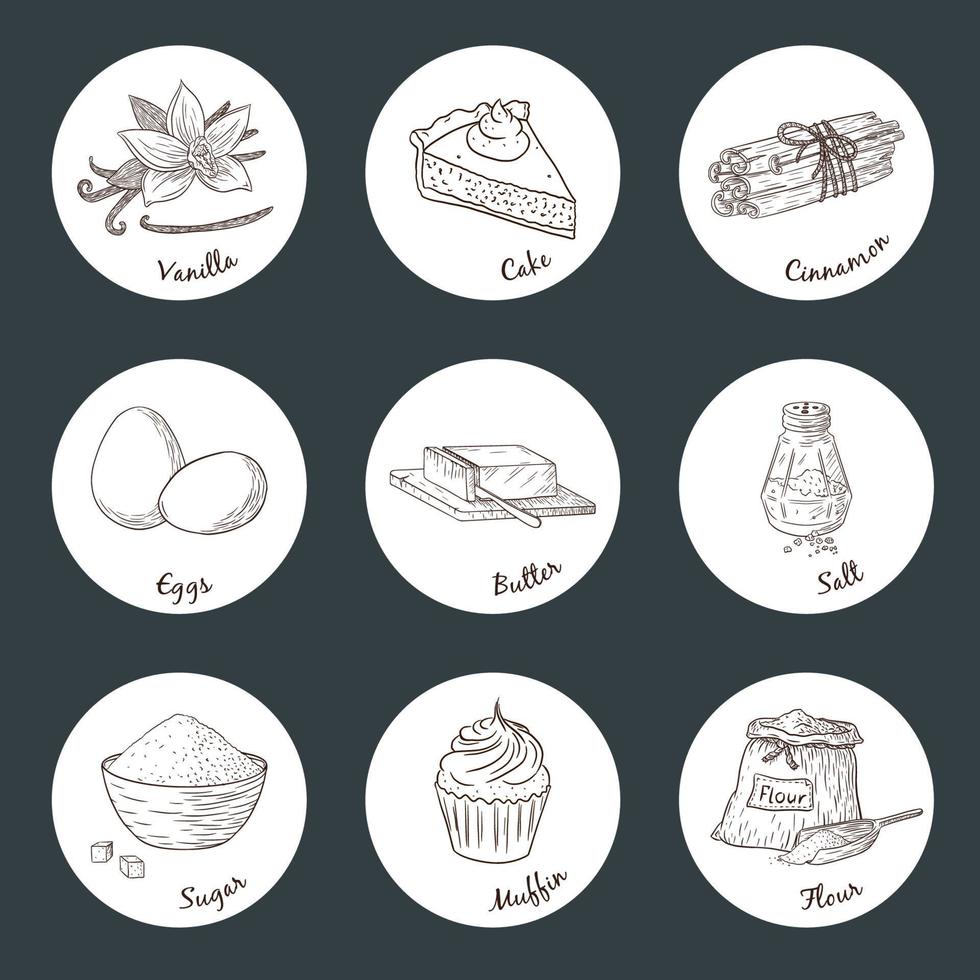 ingrédients de cuisson ensemble d'autocollants d'illustration gravés. collection de croquis de nourriture dessinés à la main pour le logo, la recette, l'impression, la décoration de menu et la conception vecteur