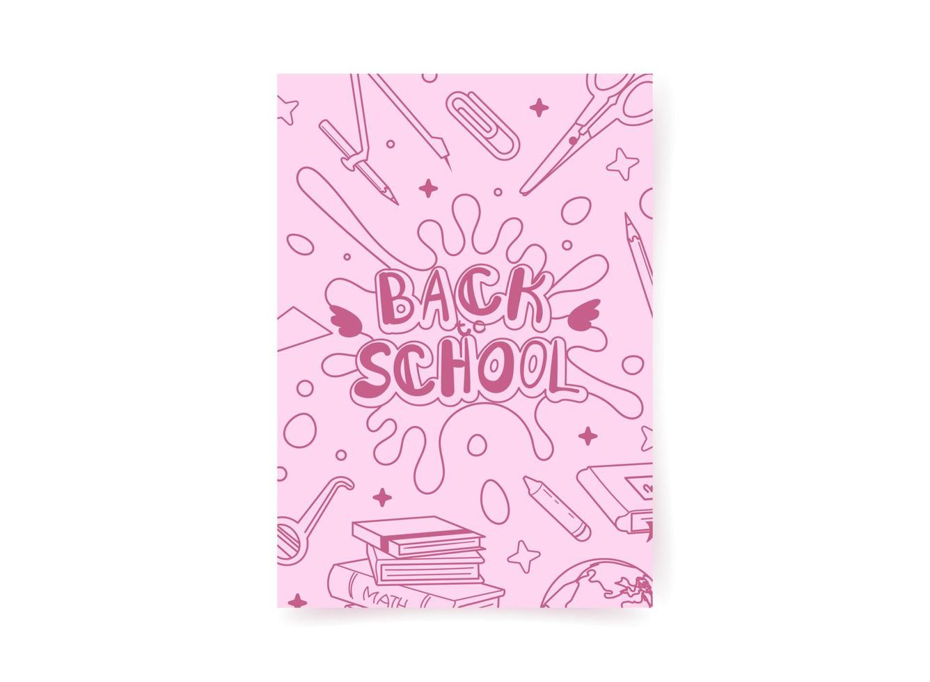 affiche de retour à l'école. illustration dessinée à la main rose avec des fournitures scolaires dans un style doodle. concept d'éducation. vecteur