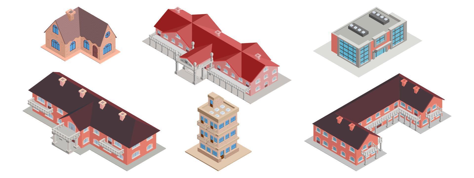 maisons isométriques une sélection de maisons résidentielles et industrielles vecteur