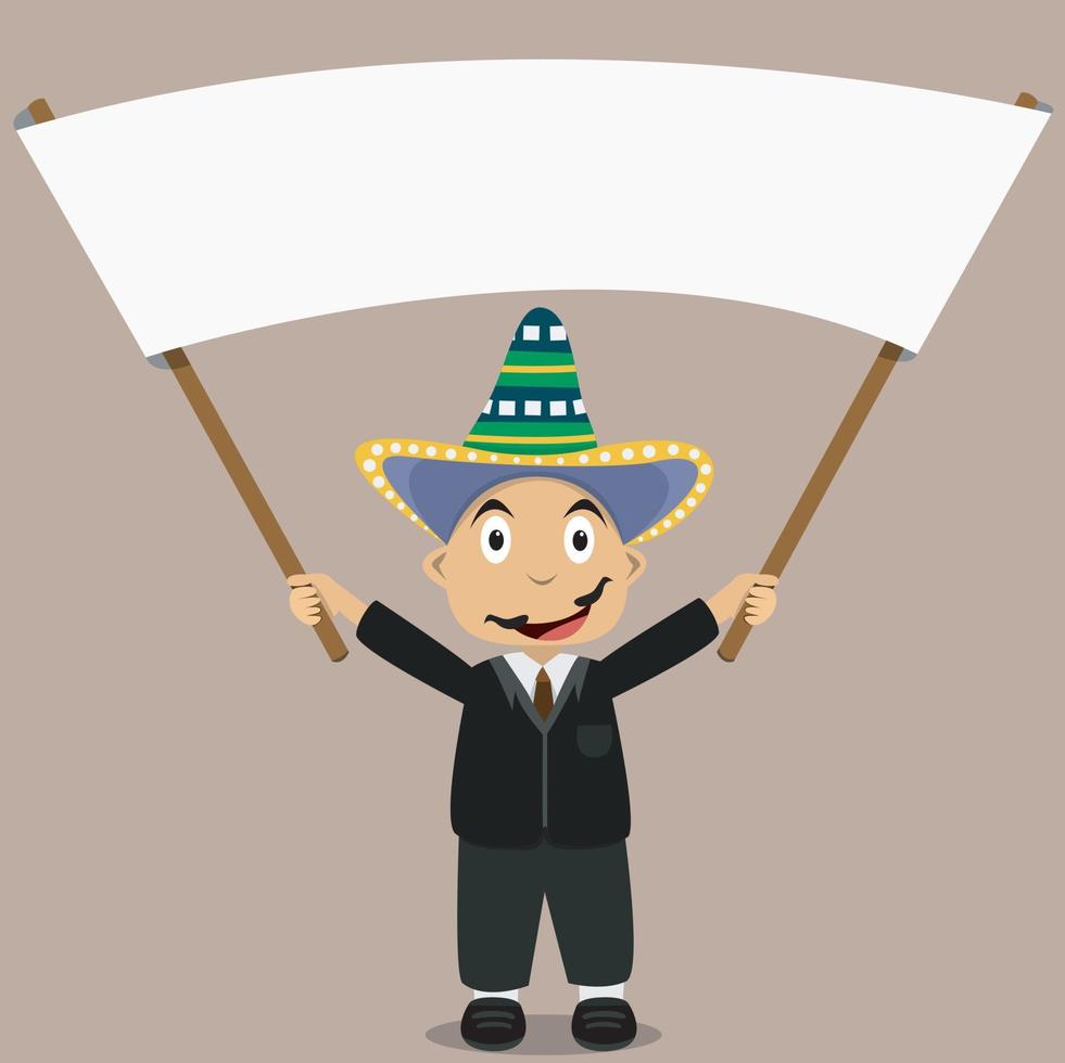 illustration vectorielle de mexique garçon avec bannière vierge et fond de couleur marron. vecteur