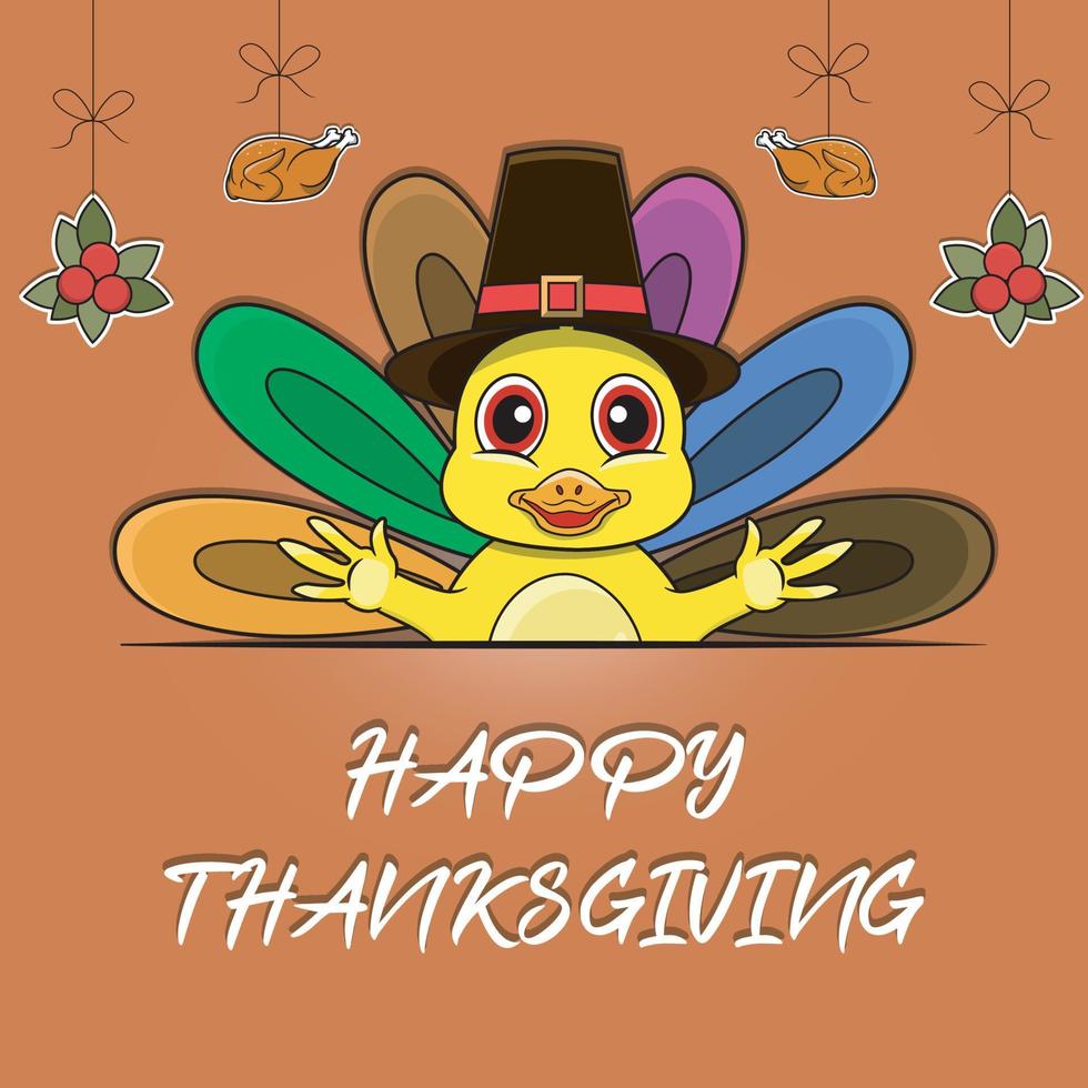 joyeux thanksgiving carte de voeux, affiche ou conception de célébration de flyer avec personnage de canard. vecteur