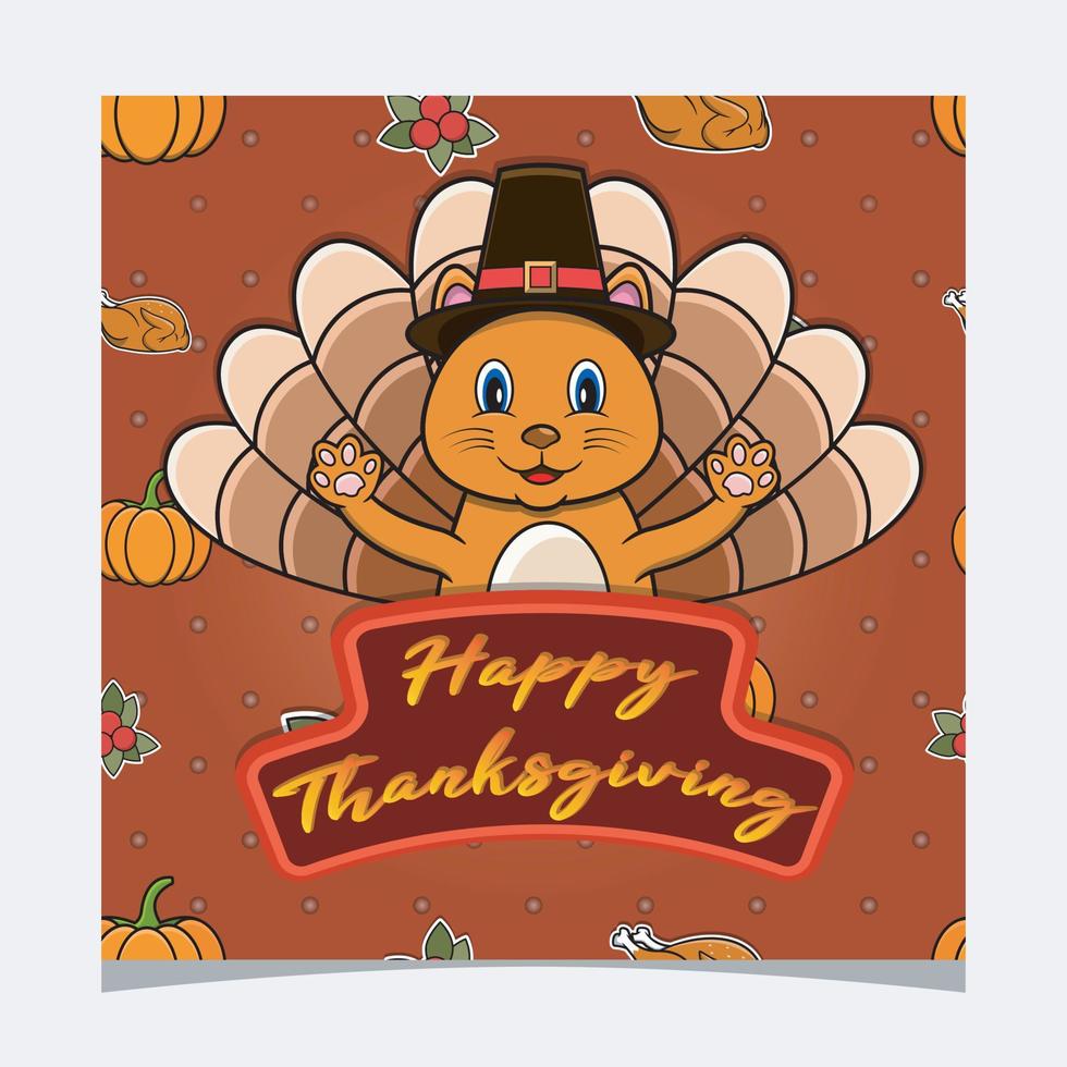 carte de Thanksgiving heureuse avec un design de personnage de chat mignon. carte de voeux, affiche, flyer et invitation. vecteur